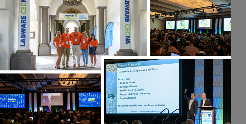 A collage of the LabWare CEC 2026 North America featuring the CEC registration desk team and the general session with Vance Kershner and Kyle Kersher presenting 