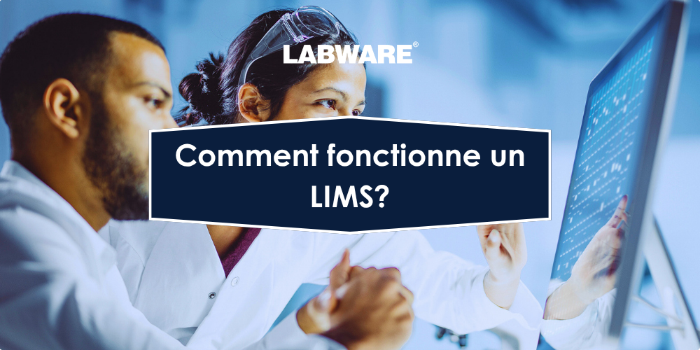Des professionnels de laboratoire consultent des données sur un écran intitulé « Comment fonctionne un LIMS ? »